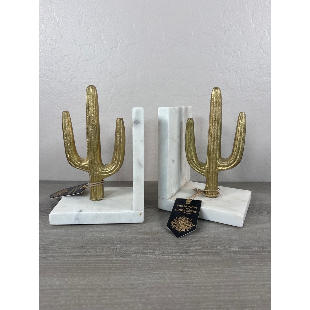 Pair Gold Saguaro Cactus Marble Bookends Set Southwestern Home Decor New